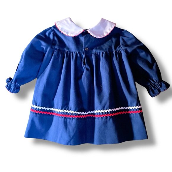 Vintage 1980s Baby Girls Smocked Dress Sz 6 to 12 Month Navy Blue Red White - Picture 7 of 8